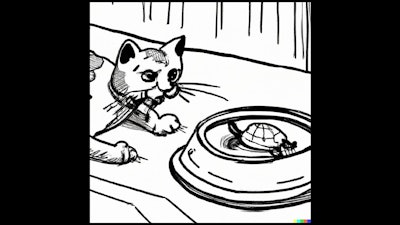 Dall·e 2024 02 28 11 48 50 Comic Book Drawing Of Turtle Crawling Out Of A Cat Food Dish While The Cat Looks At It In Surprise