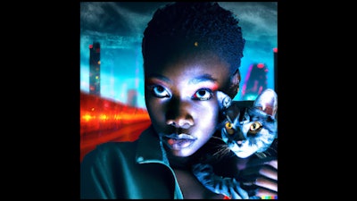 Dall·e 2024 03 25 12 13 14 Cyberpunk Image Of An African American Woman Holding A Cat In A Future City