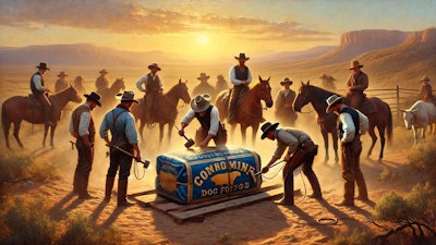 Dall·e 2024 09 18 12 17 13 An 1800s Oil Painting Depicting A Group Of Cowboys Branding A Large Blue And Gold Bag Of Dog Food With A Branding Iron The Scene Is Set During Golden