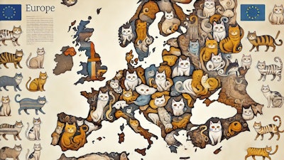 Dall·e 2024 07 29 11 50 44 A Fanciful Map Of Europe Made Up Of Artistically Drawn Cats, With Each Country Represented By A Unique Cat In Different Poses, Sizes, And Colors The