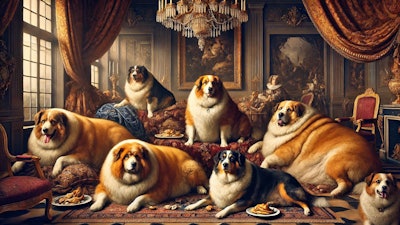 Dall·e 2024 12 10 05 56 19 A Peter Paul Rubens Inspired Painting Featuring A Group Of Overweight, Pampered Dogs Lounging In A Luxurious, Opulent Room The Dogs Are Depicted With