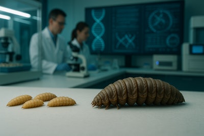 AI-generated rendering of genetically engineered black soldier fly larvae vs. normal samples